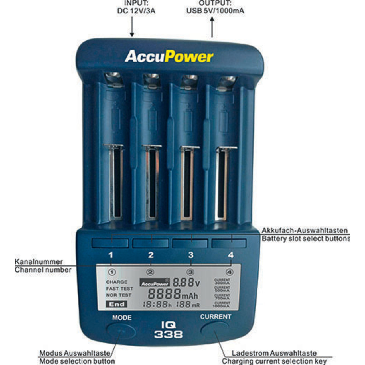 AccuPower Ladegert und Akku Analyzer IQ338 fr Li-Ion - NiCd - NiMH