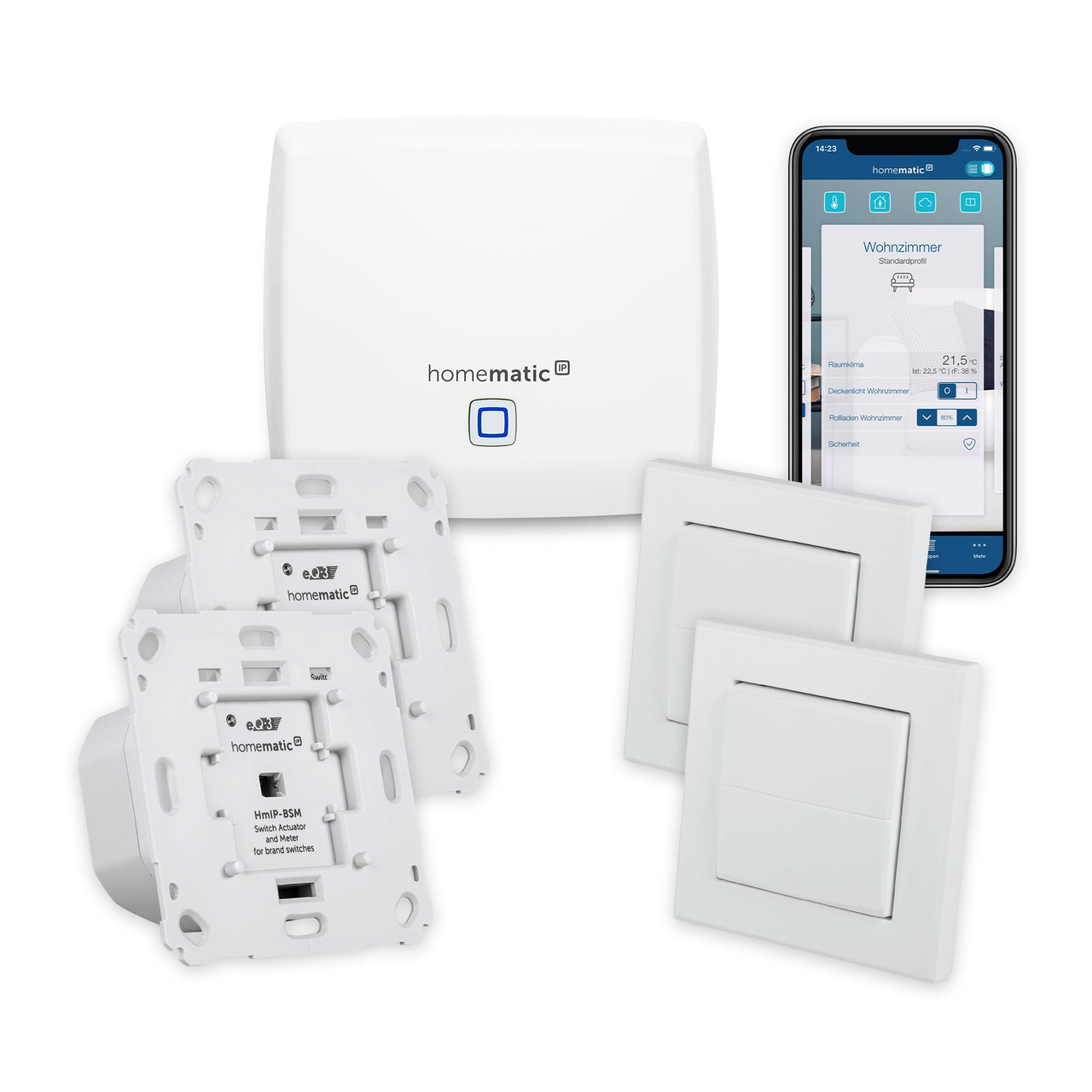 Homematic IP Smart Home Set Beleuchtung mit Access Point- 2x Schalt-Mess-Aktor- 2x Tasterwippe